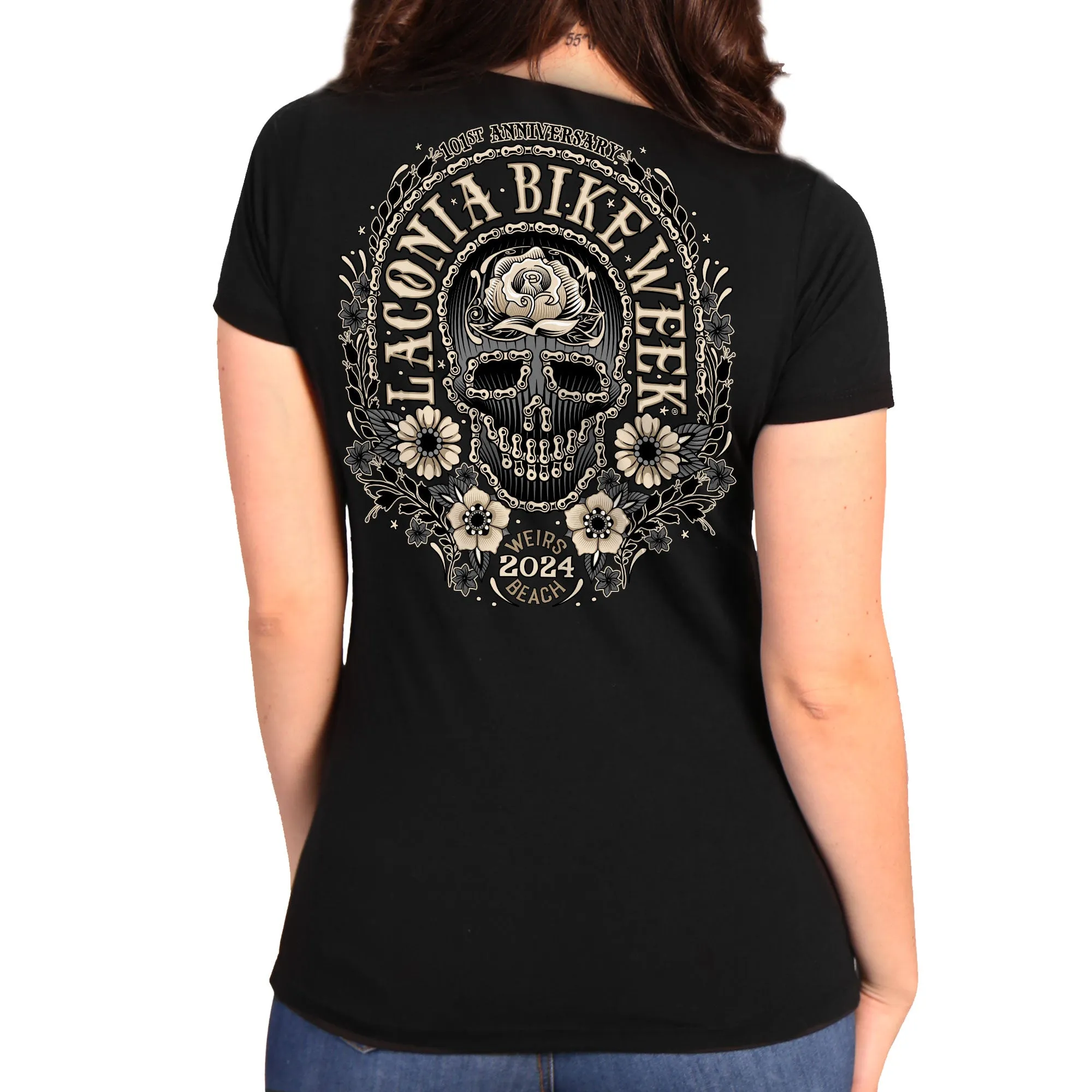 2024 Laconia Bike Week Chain Sugar Deep V Black T-shirt  ELL1085