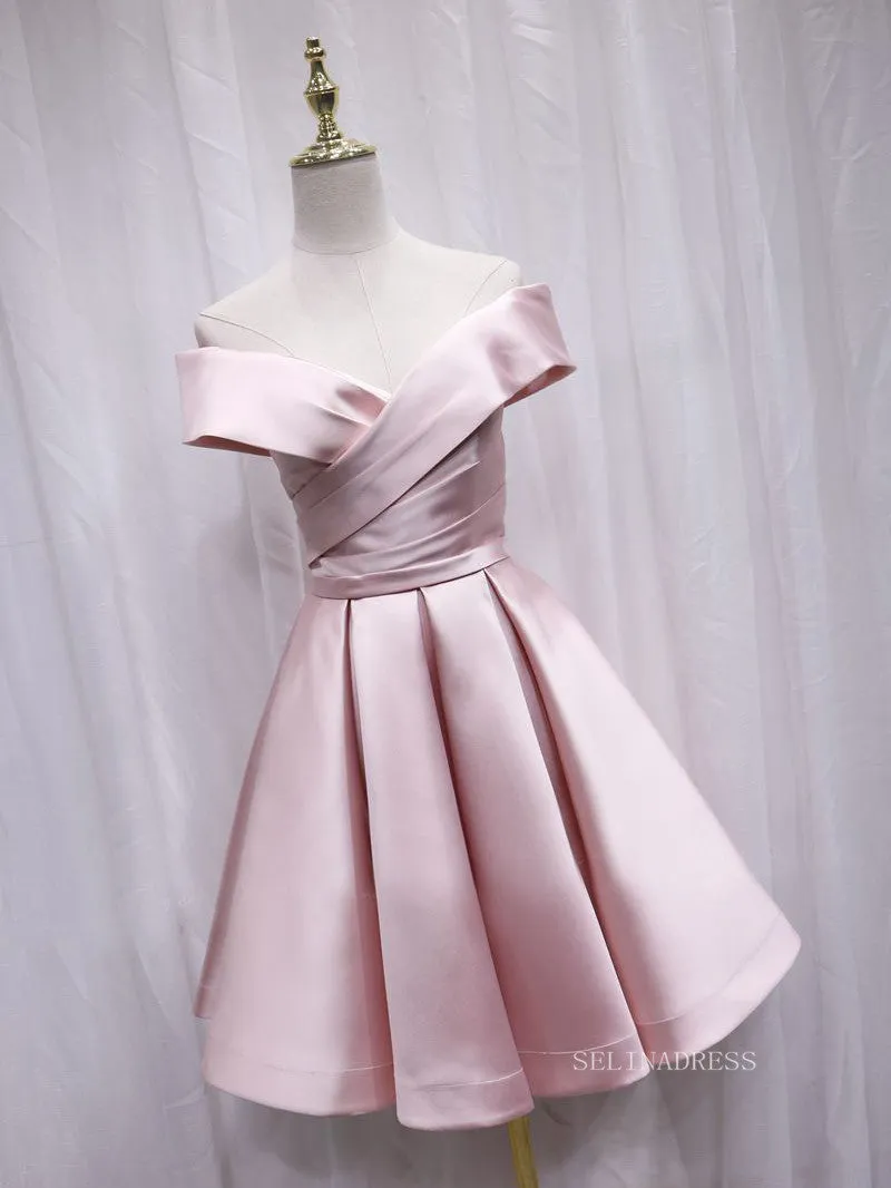 A-line Off-the-shoulder Pink Cute Homecoming Dress Satin Short Prom Dresses EDS021