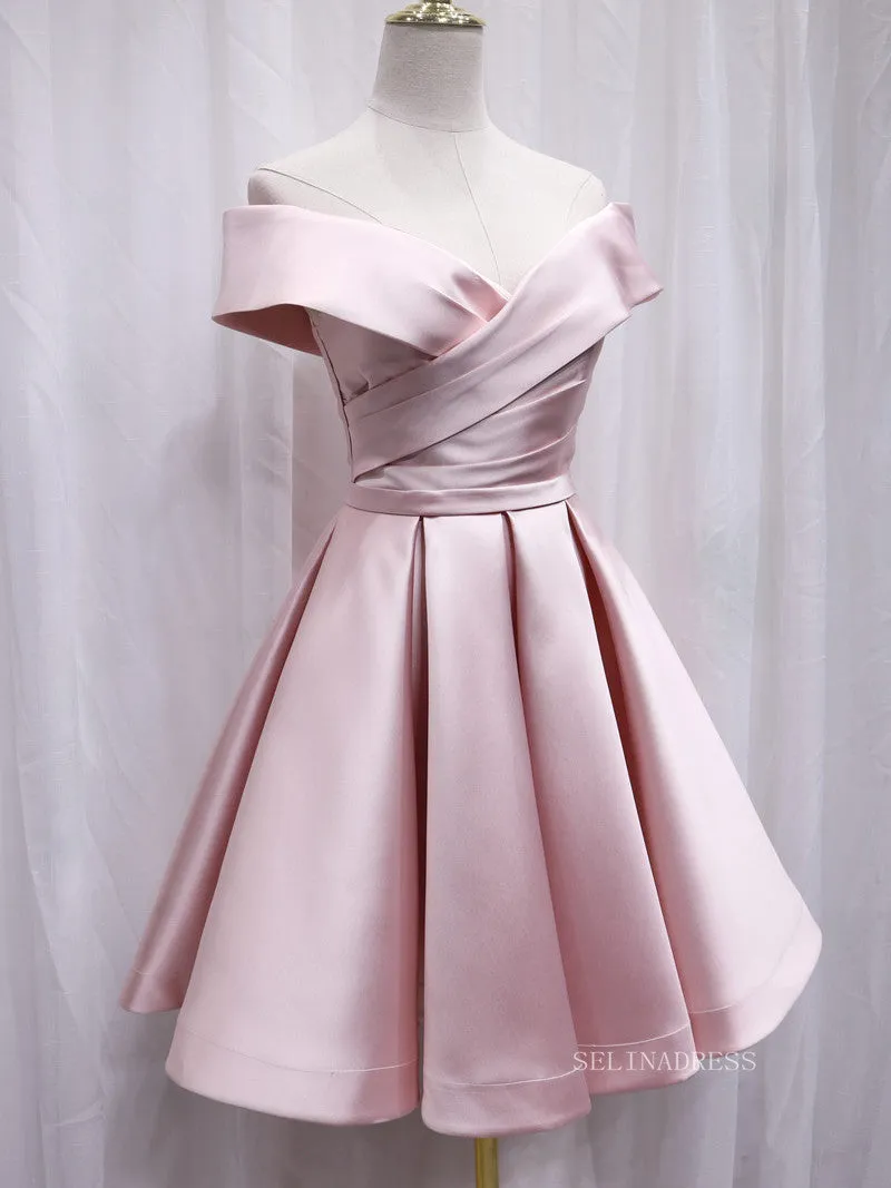 A-line Off-the-shoulder Pink Cute Homecoming Dress Satin Short Prom Dresses EDS021