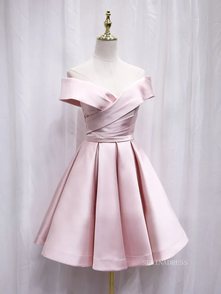 A-line Off-the-shoulder Pink Cute Homecoming Dress Satin Short Prom Dresses EDS021