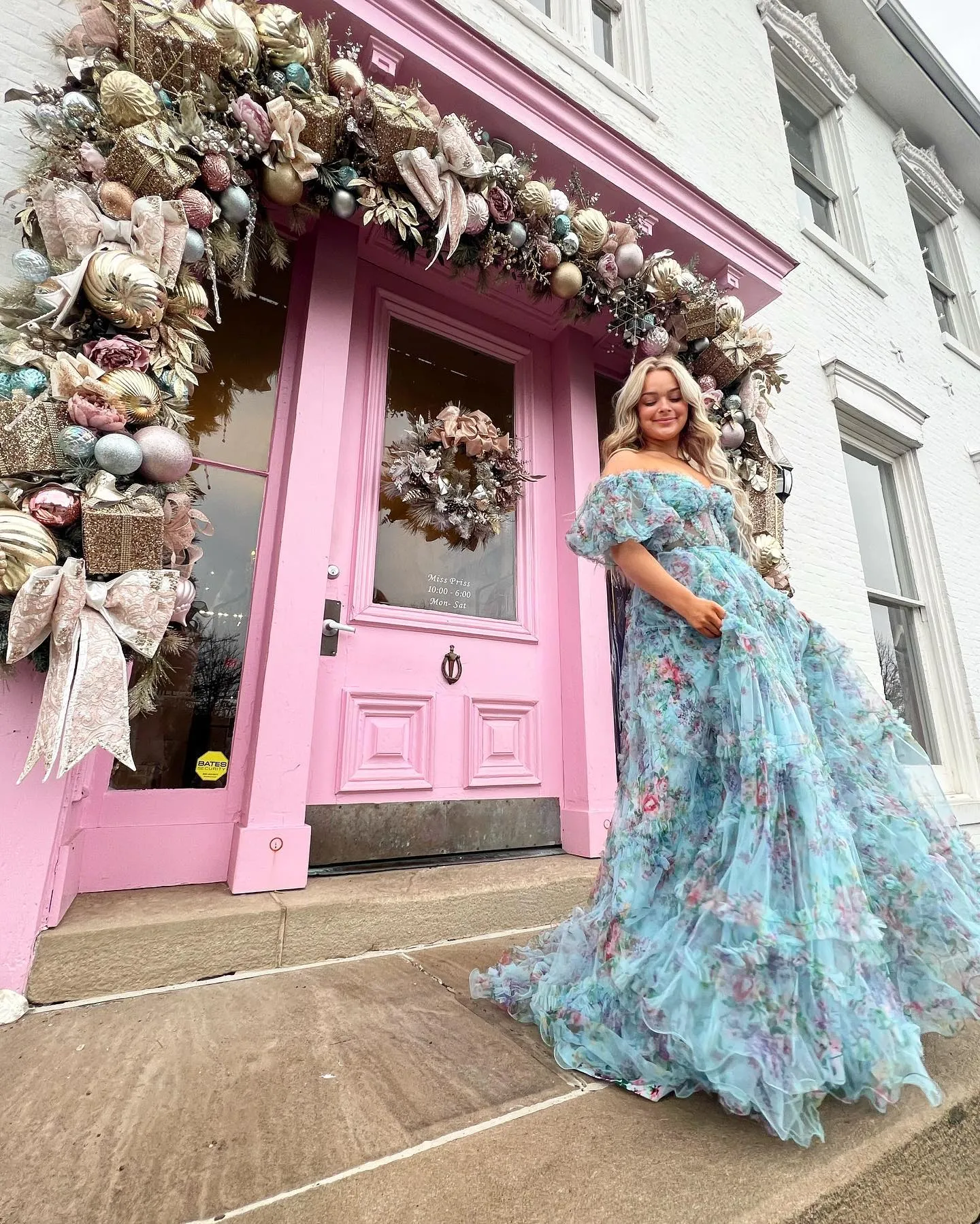 A-line Off-the-shoulder Puff Sleeve Blue Prom Dress Floral Long Evening Dresses #JKW125