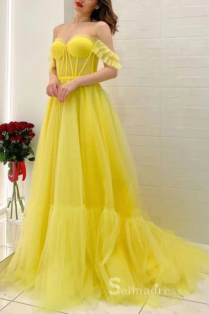 A-line Off-the-shoulder Tulle Yellow Prom Dress Long Cheap Evening Gowns POL004