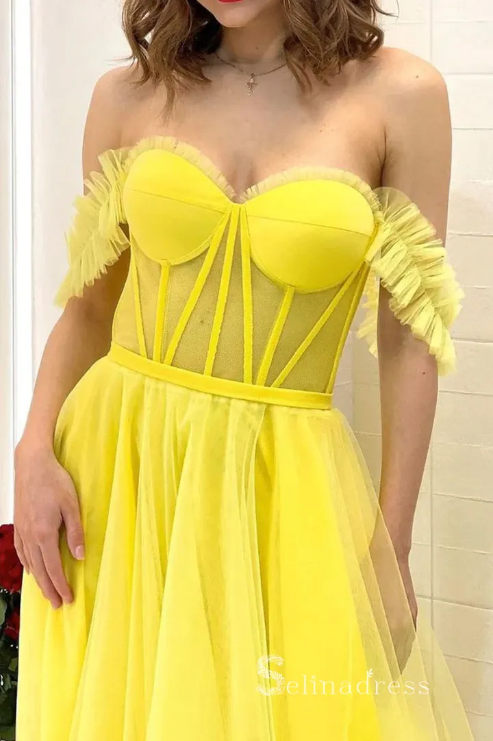 A-line Off-the-shoulder Tulle Yellow Prom Dress Long Cheap Evening Gowns POL004