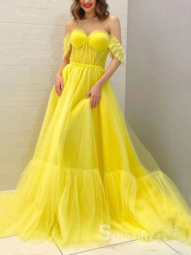 A-line Off-the-shoulder Tulle Yellow Prom Dress Long Cheap Evening Gowns POL004