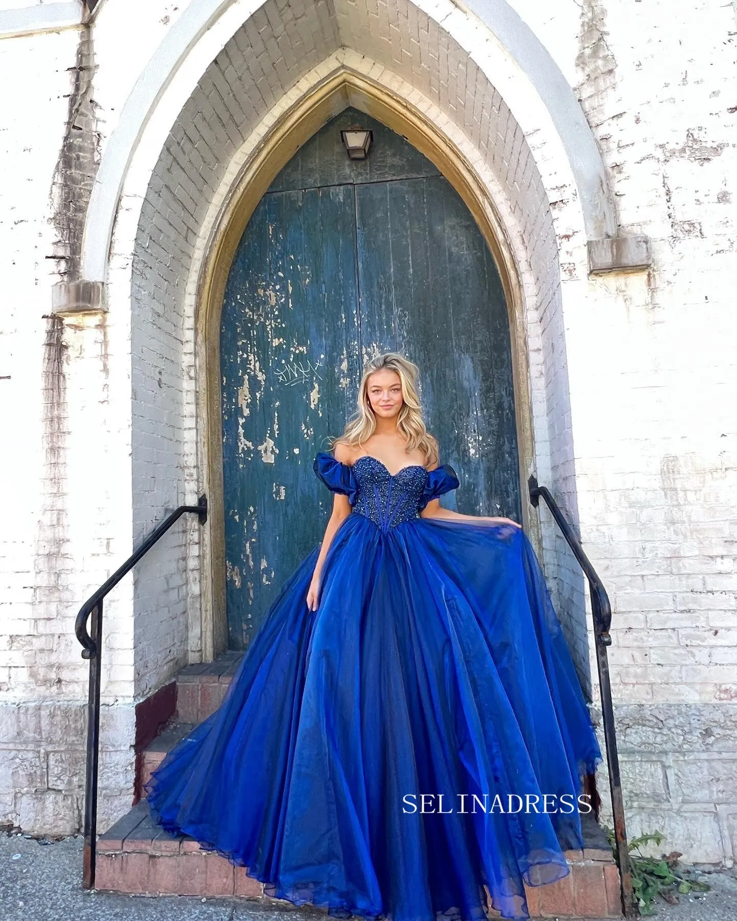 A-line Royal Blue Prom Dress With Puff Sleeve Elegant Beaded Evening Dress Formal Dress #JKP017