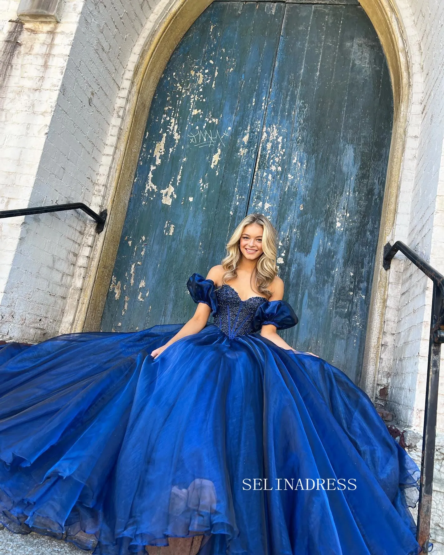 A-line Royal Blue Prom Dress With Puff Sleeve Elegant Beaded Evening Dress Formal Dress #JKP017