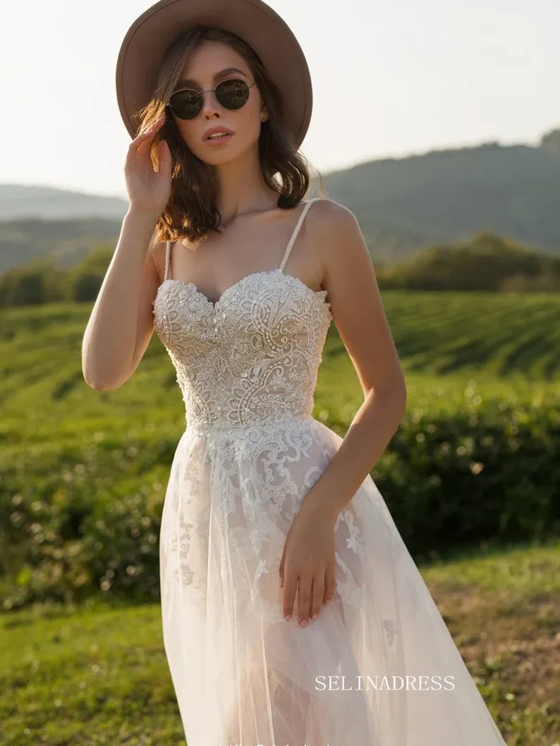 A-line Spaghetti Straps Lace Wedding Dress Rustic Tulle Country Wedding Dresses KTC008