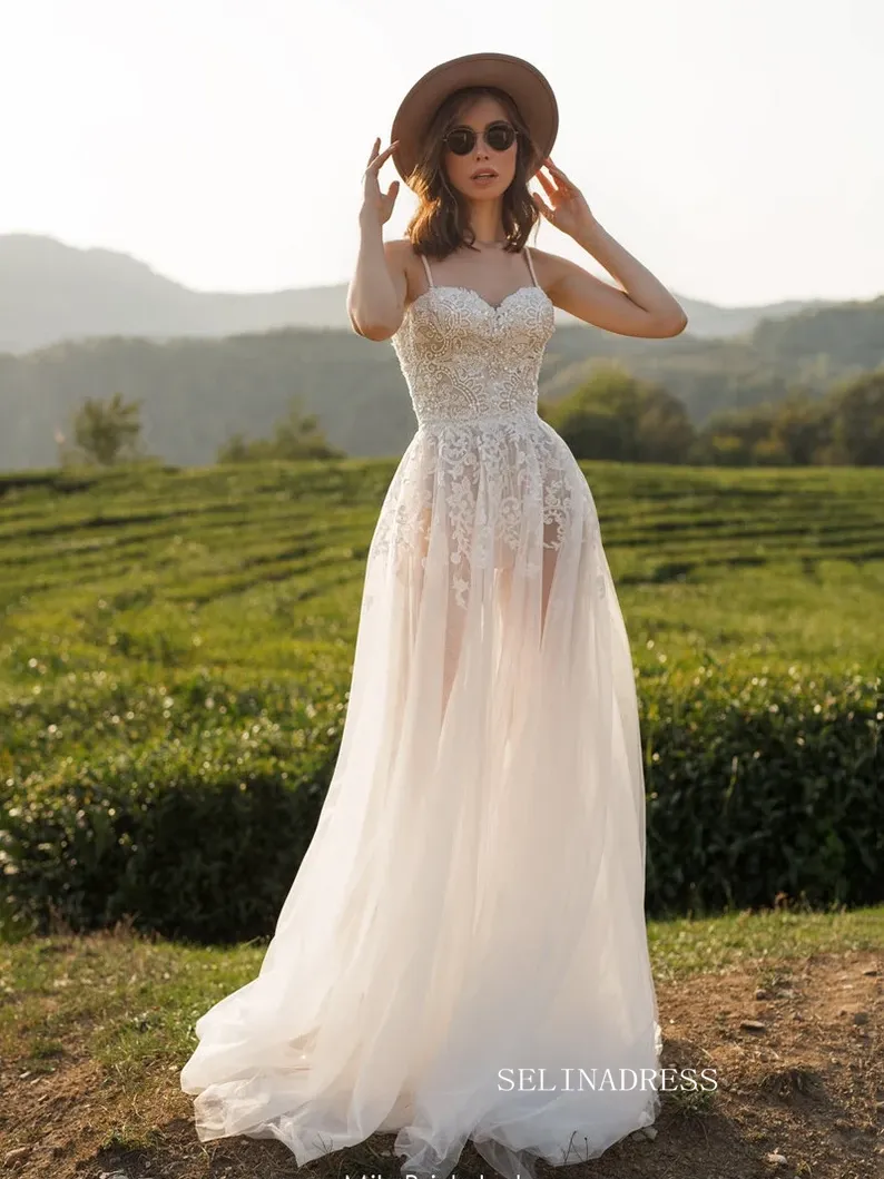 A-line Spaghetti Straps Lace Wedding Dress Rustic Tulle Country Wedding Dresses KTC008