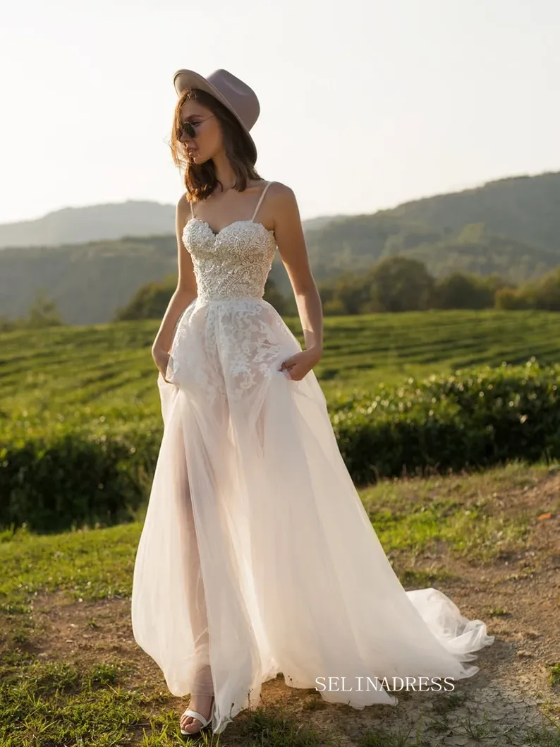 A-line Spaghetti Straps Lace Wedding Dress Rustic Tulle Country Wedding Dresses KTC008