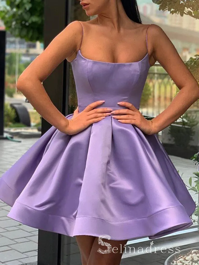 A-line Spaghetti Straps Lavender Short/Mini Prom Dress Satin Formal Gowns #CBD259