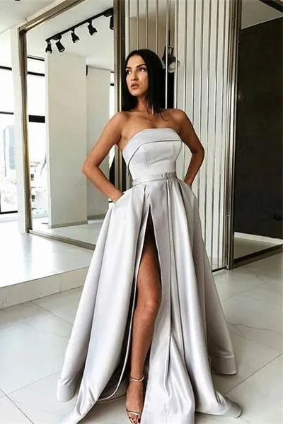 A-line Strapless Cheap Long Prom Dress Satin Gray Evening Dress CBD470