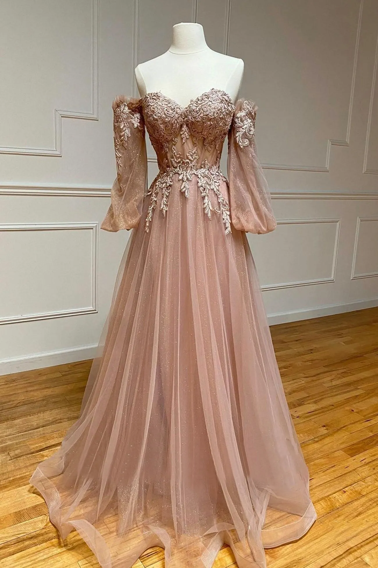 A-Line Tulle Lace Long Prom Dresses Off the Shoulder Lace Formal Dresses