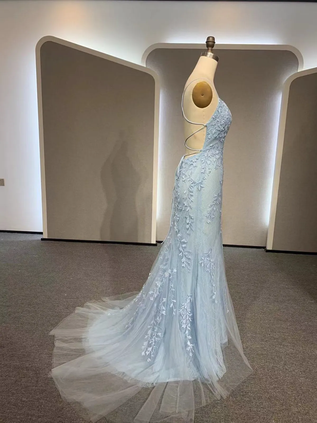 Backless Light Blue Lace Prom Dresses, Open Back Light Blue Lace Formal Evening Dresses