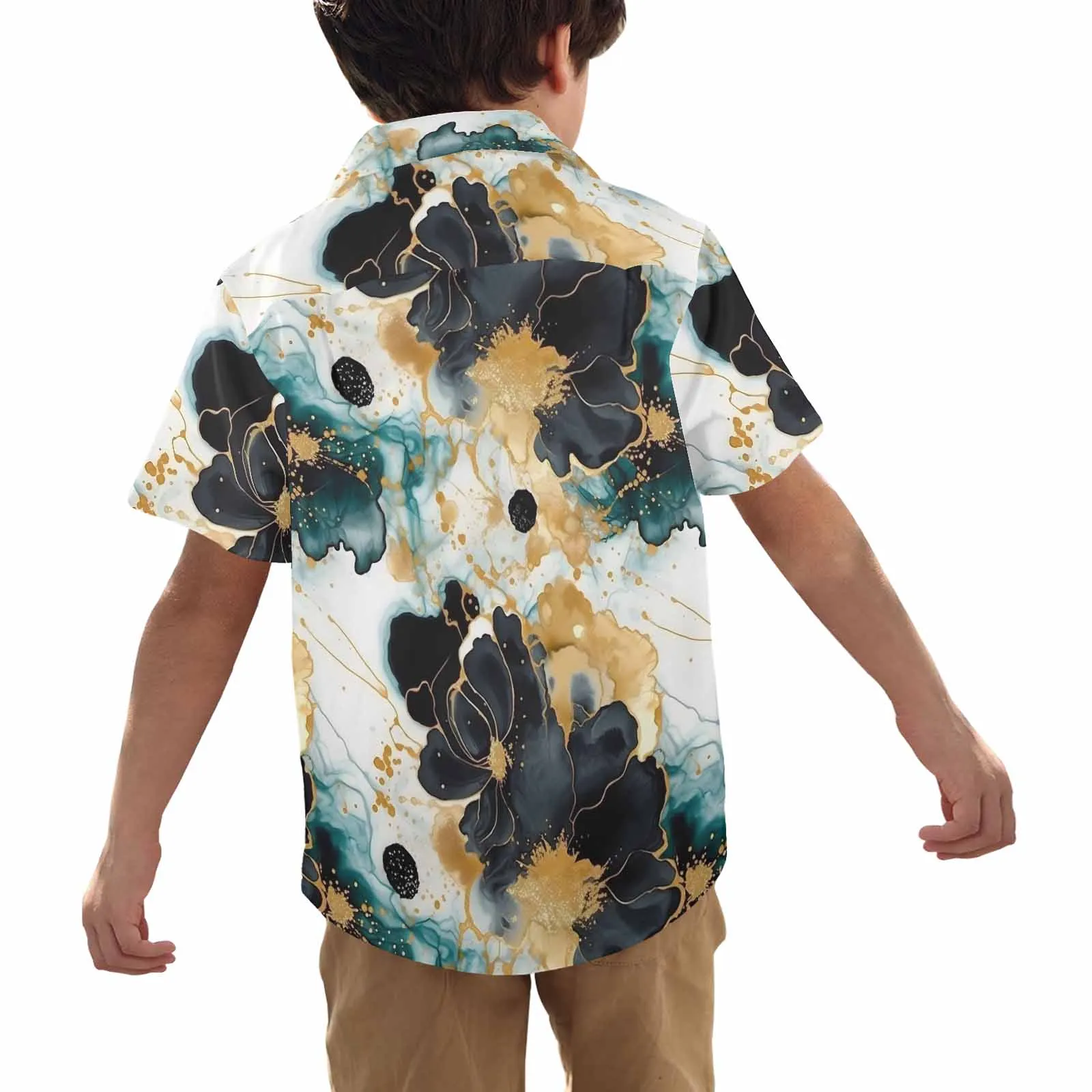 Black Gold & Green Ink Floral  Little Boys Hawaiian Shirt