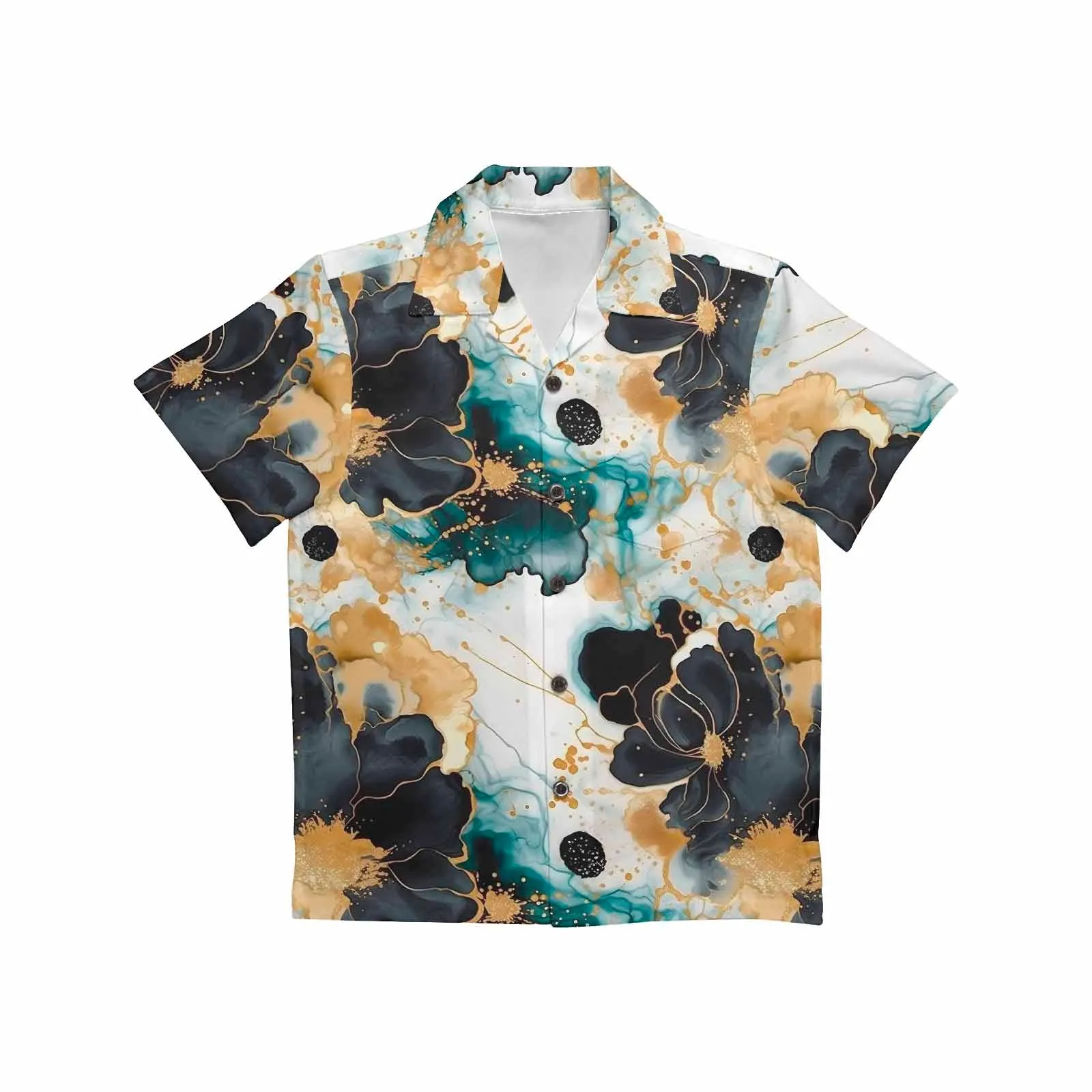 Black Gold & Green Ink Floral  Little Boys Hawaiian Shirt