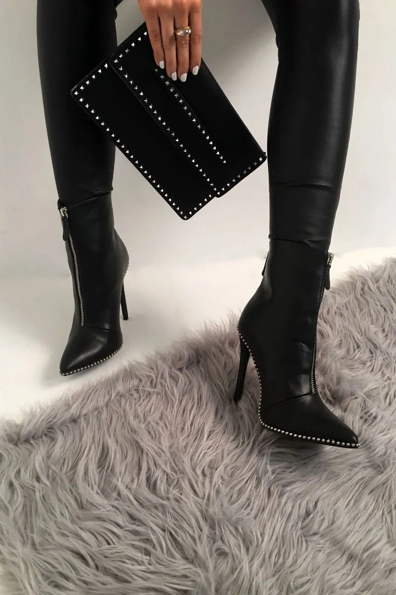 Black PU Studded Zip Up Shoe Boots - Niomi