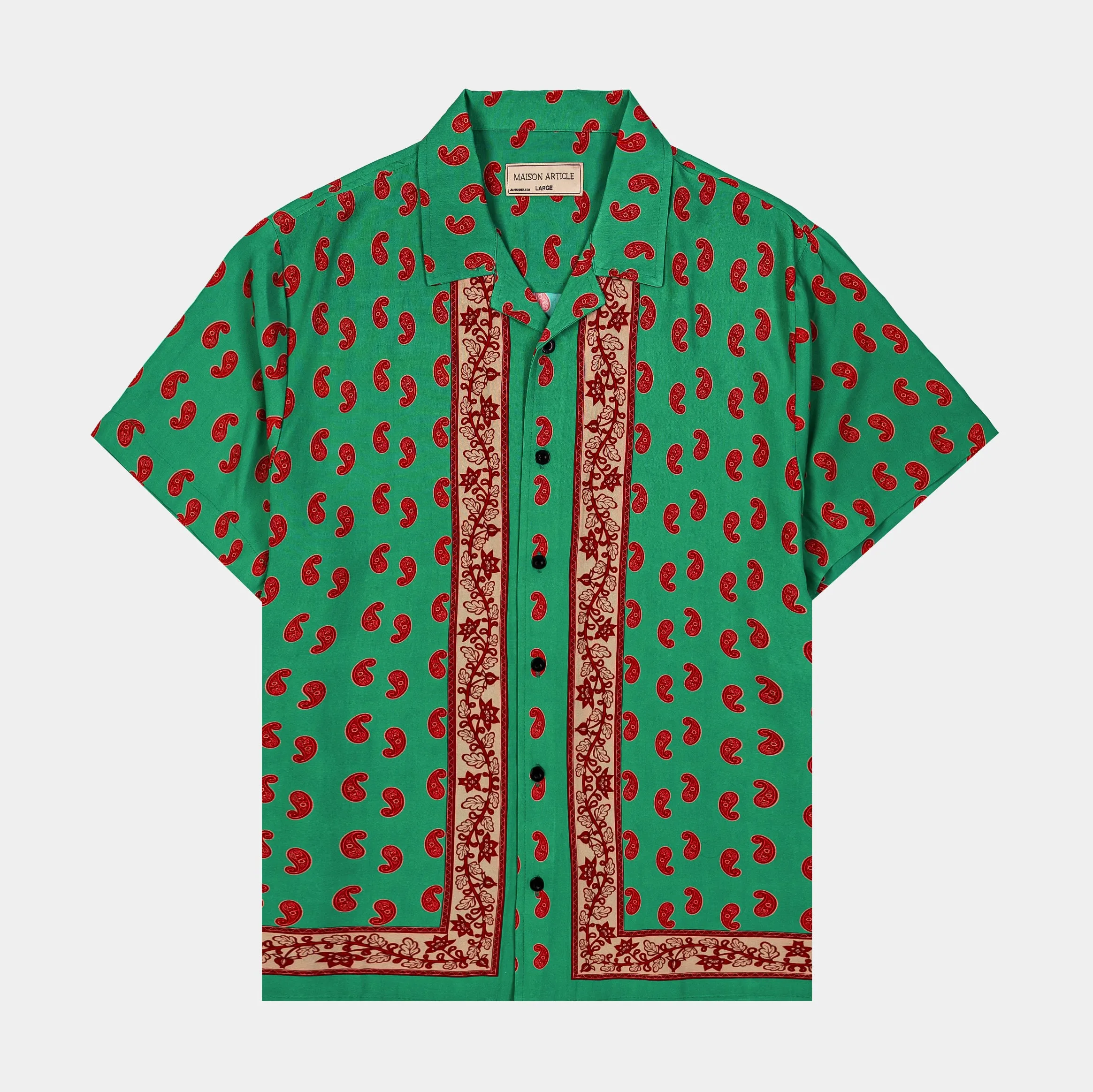 Block Paisley Rayon Mens Short Sleeve Shirt (Green/Red)