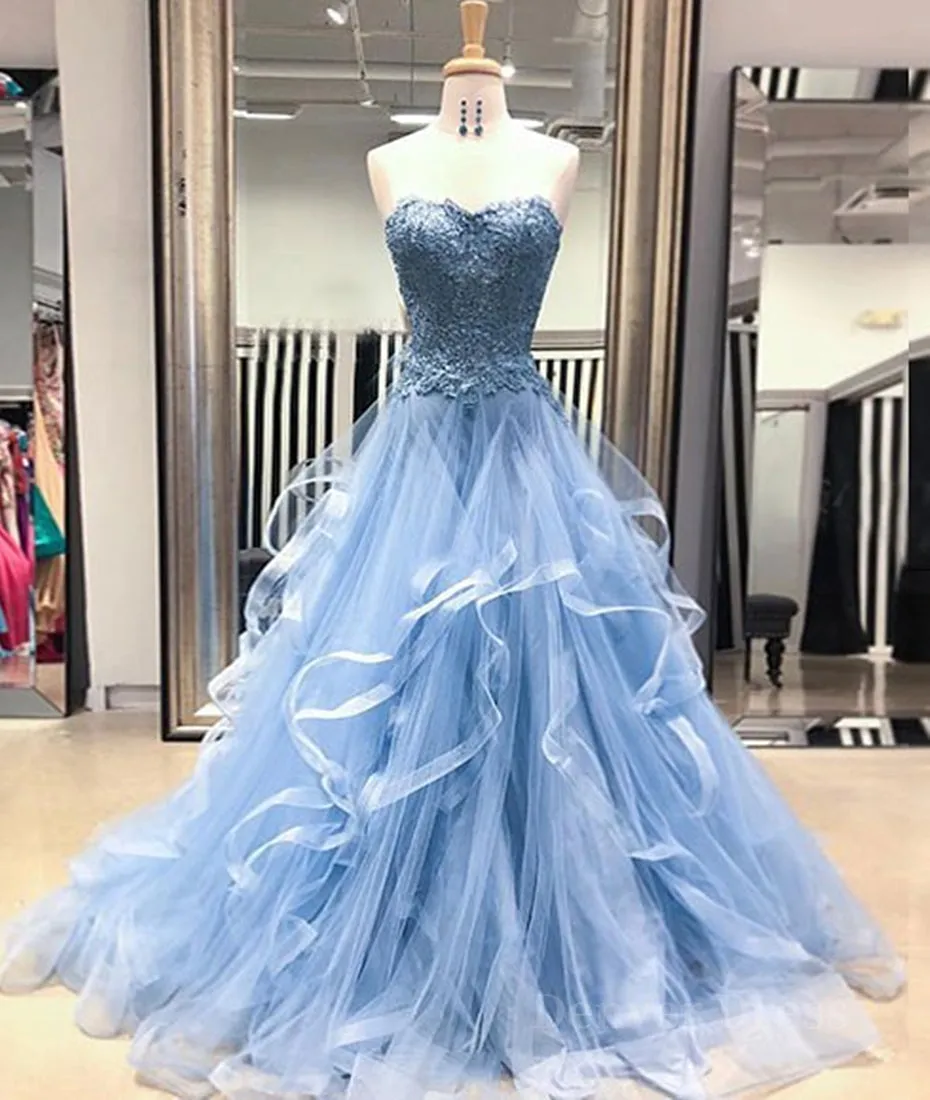 Blue Lace Tulle Long Prom Dresses Blue Lace Ball Gown Blue Lace Formal Dresses Evening Dresses