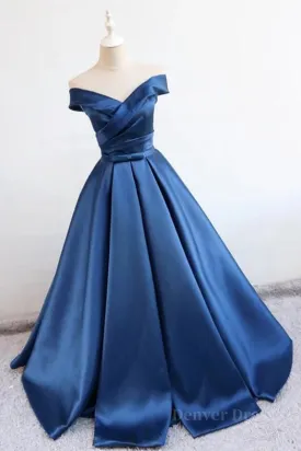 Blue Off Shoulder Satin Long Prom Dresses Off Shoulder Blue Formal Dresses Ball Gown Evening Dresses