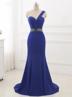 Blue One Shoulder Mermaid Satin Evening Dresses With Beading