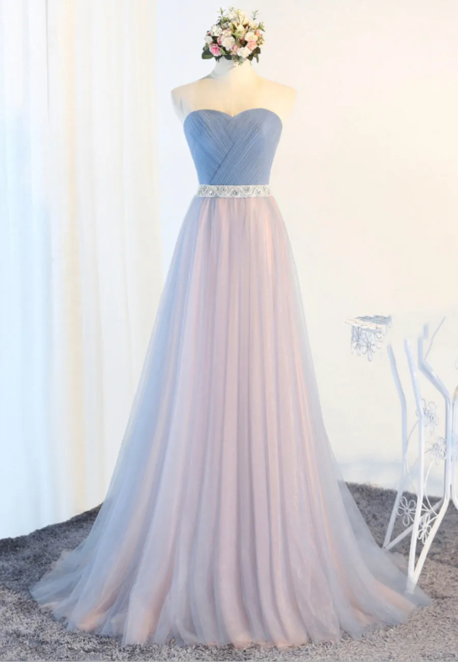 Blue Tulle Long Prom Dresses A-Line Strapless Evening Dresses