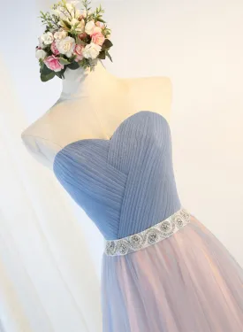 Blue Tulle Long Prom Dresses A-Line Strapless Evening Dresses