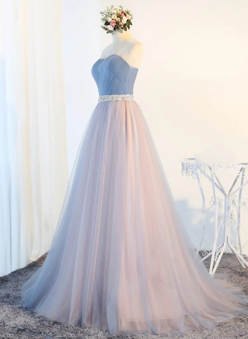 Blue Tulle Long Prom Dresses A-Line Strapless Evening Dresses