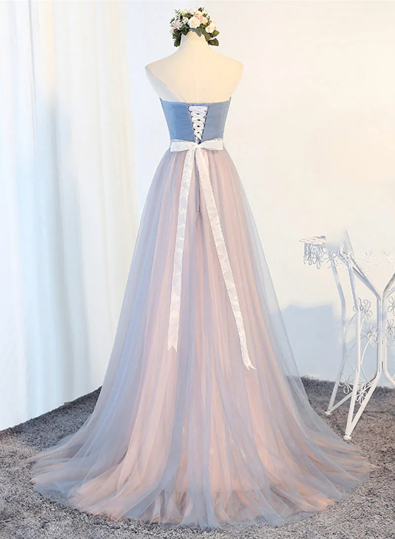 Blue Tulle Long Prom Dresses A-Line Strapless Evening Dresses