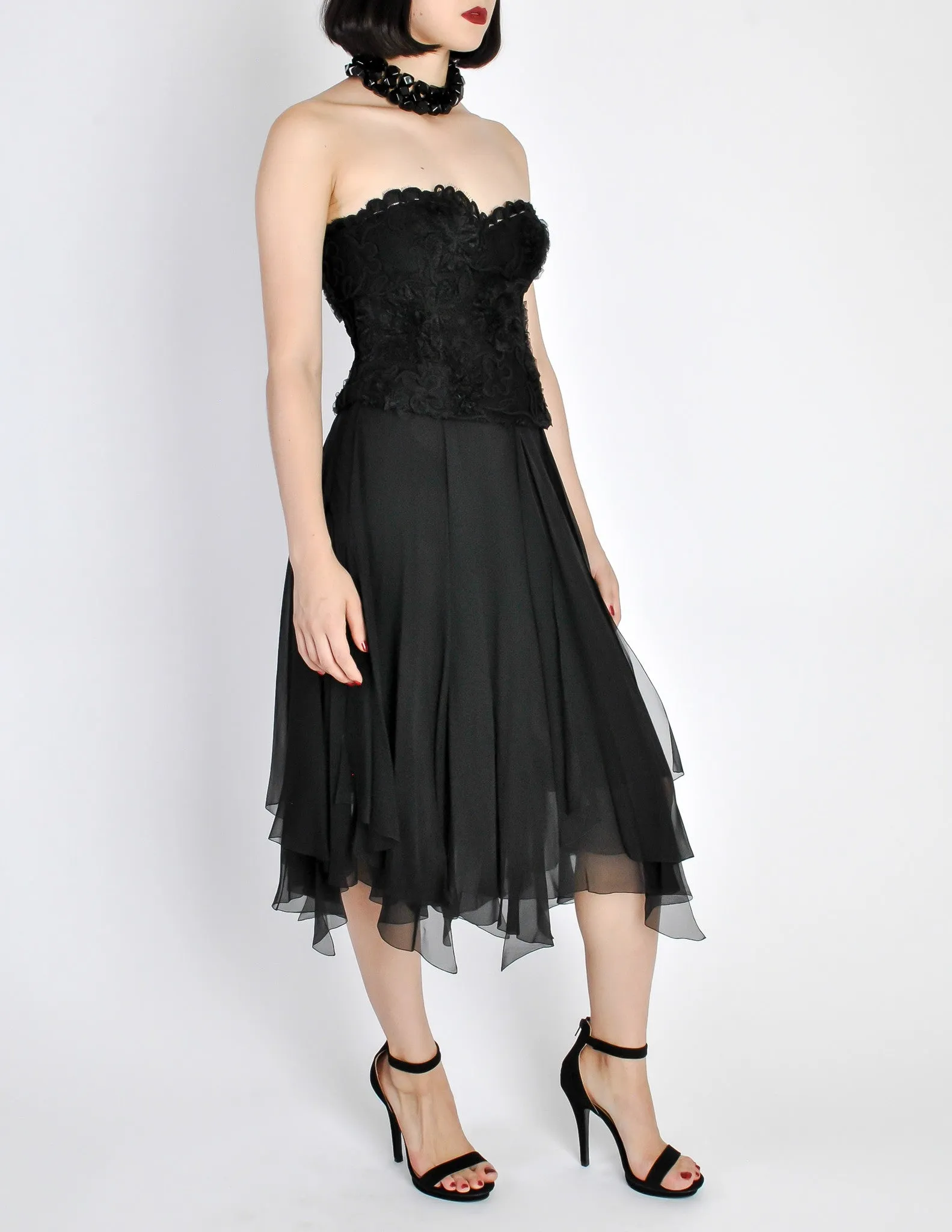 Chanel Vintage Black Silk Chiffon Layered Skirt