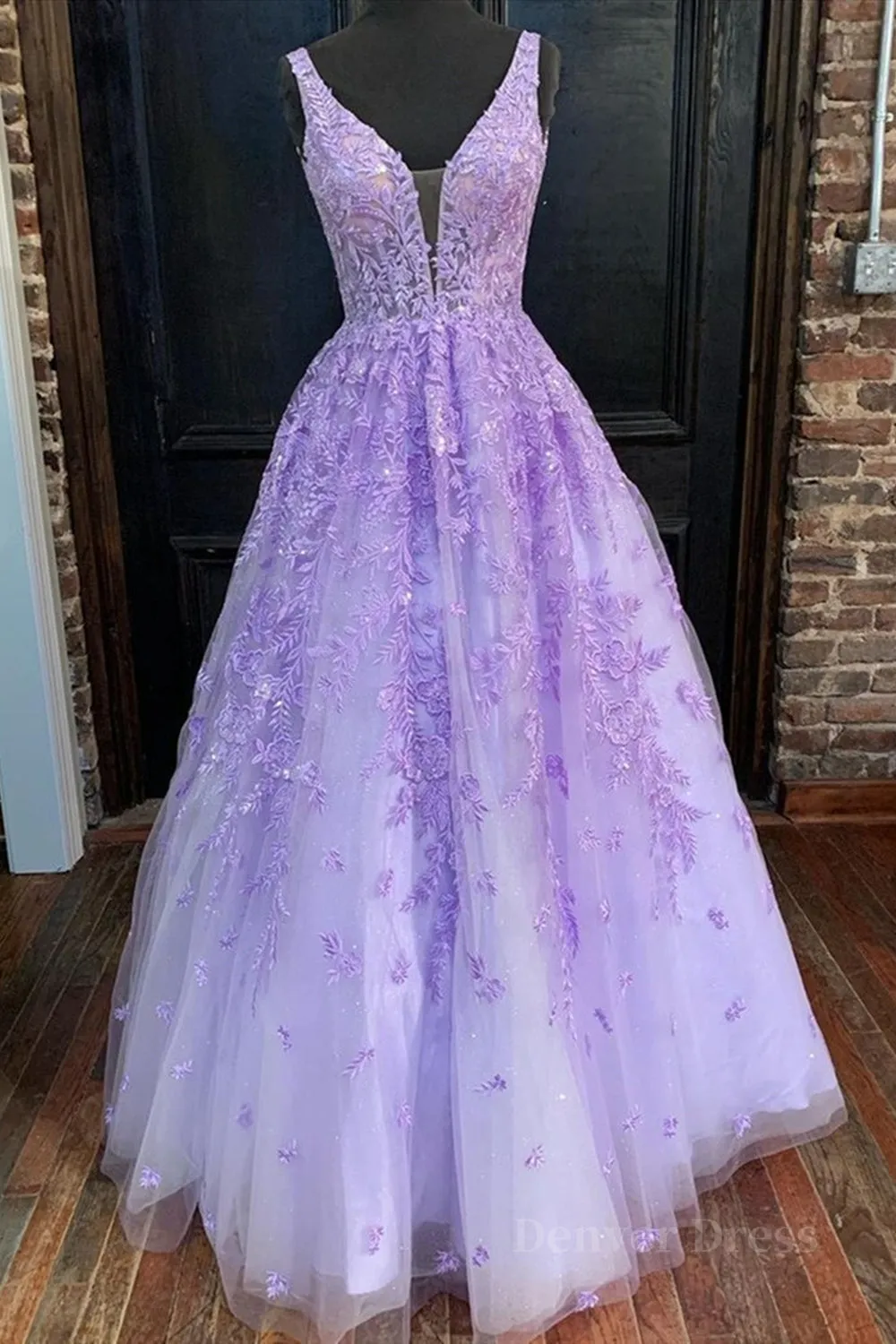 Deep V Neck Purple Lace Long Prom Dresses Purple Lace Formal Dresses Purple Evening Dresses