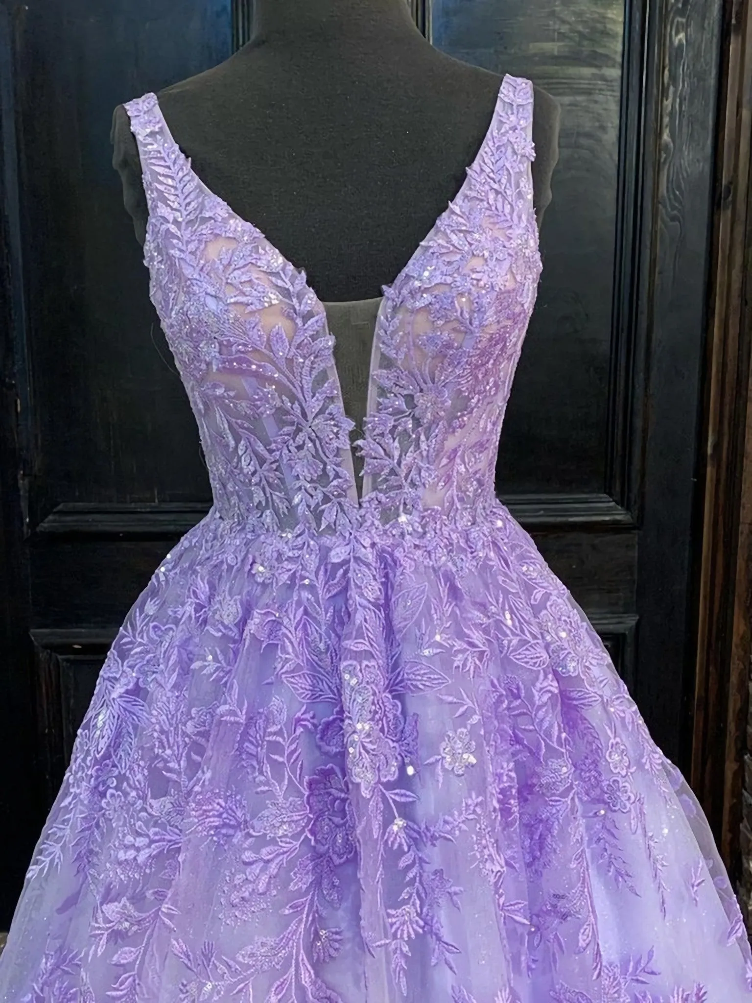 Deep V Neck Purple Lace Long Prom Dresses Purple Lace Formal Graduation Evening Dresses