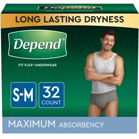 Depend FIT-FLEX Incontinence Underwear for Men, Maximum Absorbency, Small/Medium, Gray, 32 Count