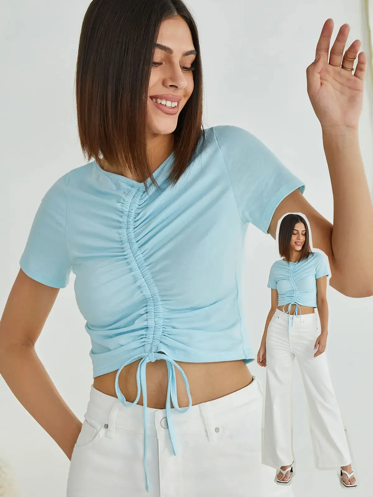 Drawstring Ruched Tie Front Crop Top