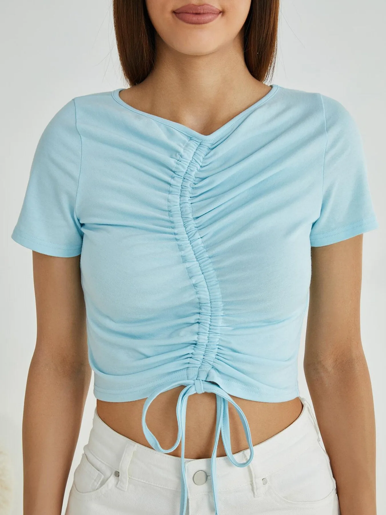 Drawstring Ruched Tie Front Crop Top