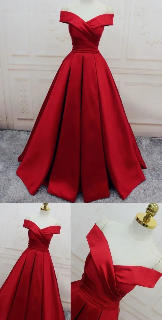 Evening Dresses, A Line Princess Prom Dresses, Long Party Dresses, Off The Shoulder Red Long Satin Party Dress