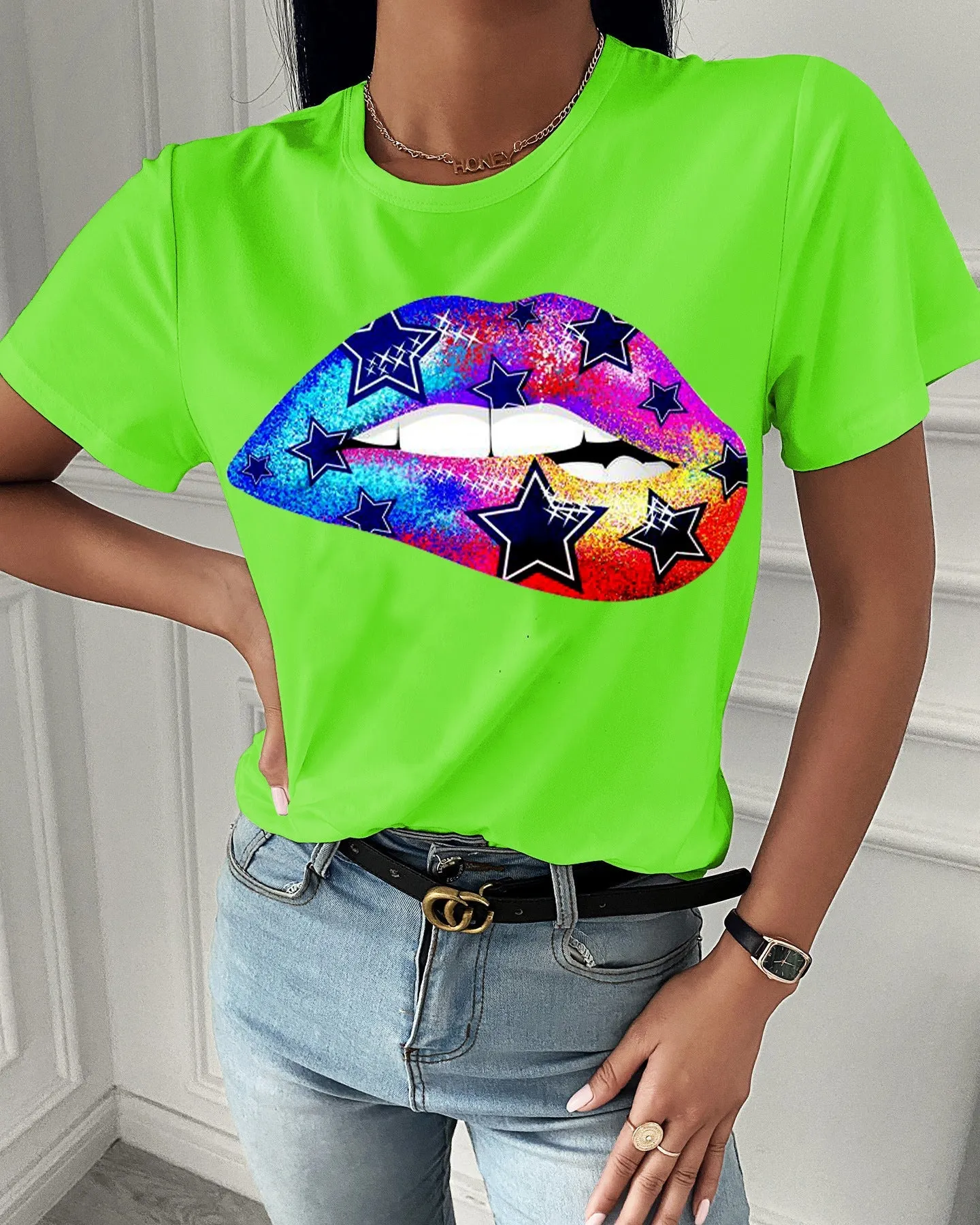 Fashion  spring and summer rainbow printing short-sleeved T-shirt