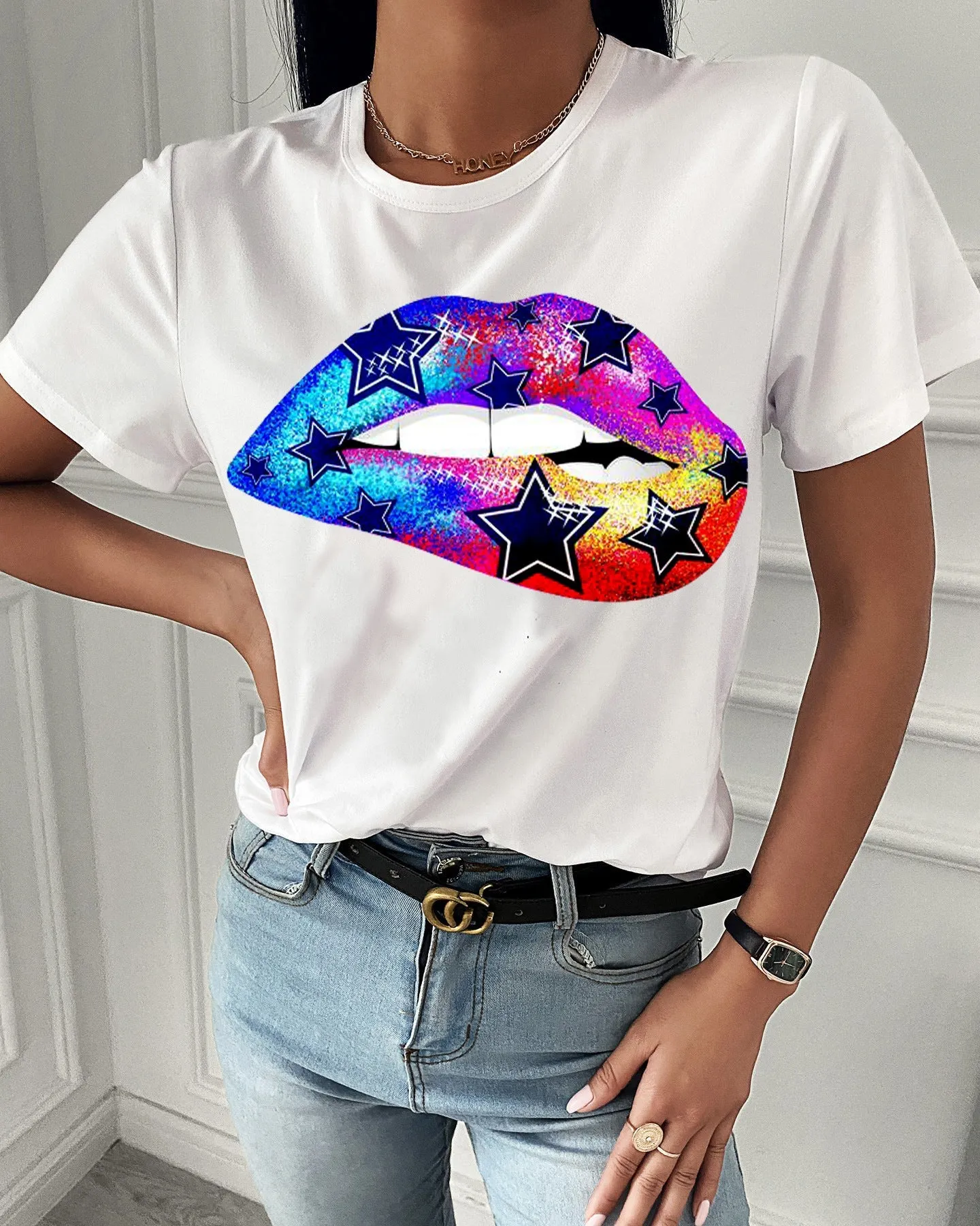 Fashion  spring and summer rainbow printing short-sleeved T-shirt