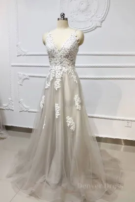 Gray A Line V Neck Lace Appliques Tulle Long Prom Dresses Lace Gray Formal Dresses Evening Dresses 2019