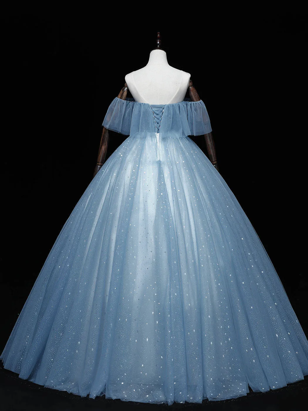 Gray Blue Tulle Off Shoulder Long Prom Dress Blue Tulle Formal Dresses