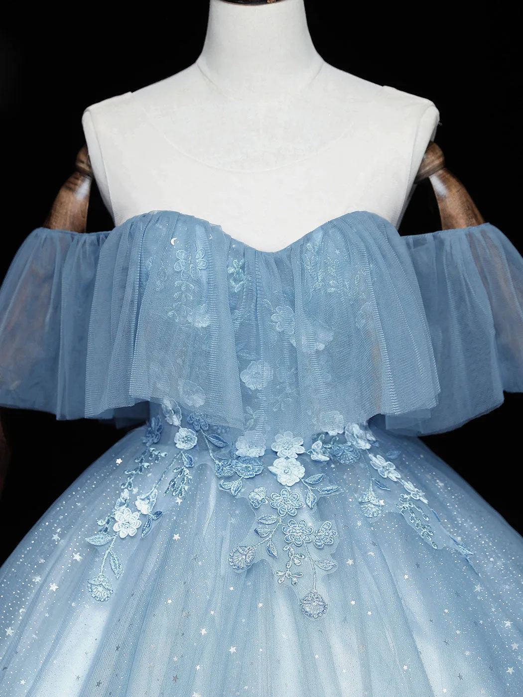 Gray Blue Tulle Off Shoulder Long Prom Dress Blue Tulle Formal Dresses