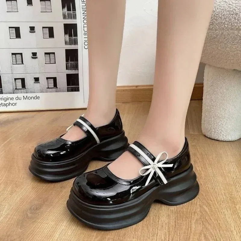 Hnzxzm Mary Jane Women Shoes Buckle Strap Leather High Heels Round Toe Oxford Shoes for Women Butterfly Knot Platform Shoes Plus Size