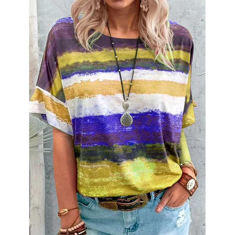 Ladies' Gradient Contrast Striped Round Neck Short Sleeve T-Shirt