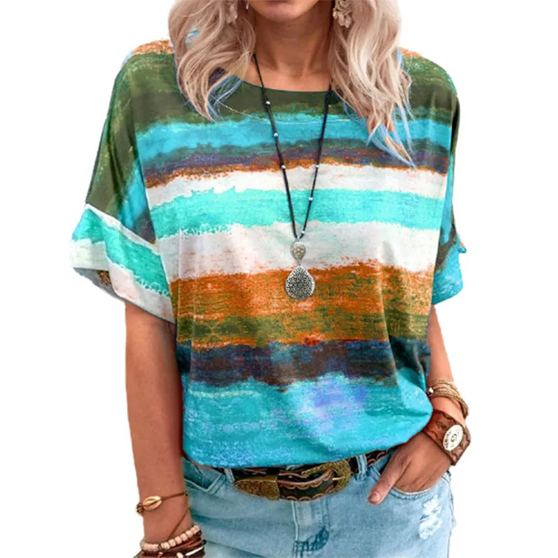 Ladies' Gradient Contrast Striped Round Neck Short Sleeve T-Shirt