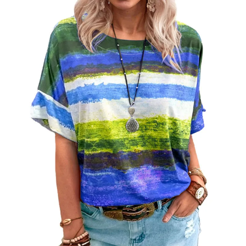 Ladies' Gradient Contrast Striped Round Neck Short Sleeve T-Shirt