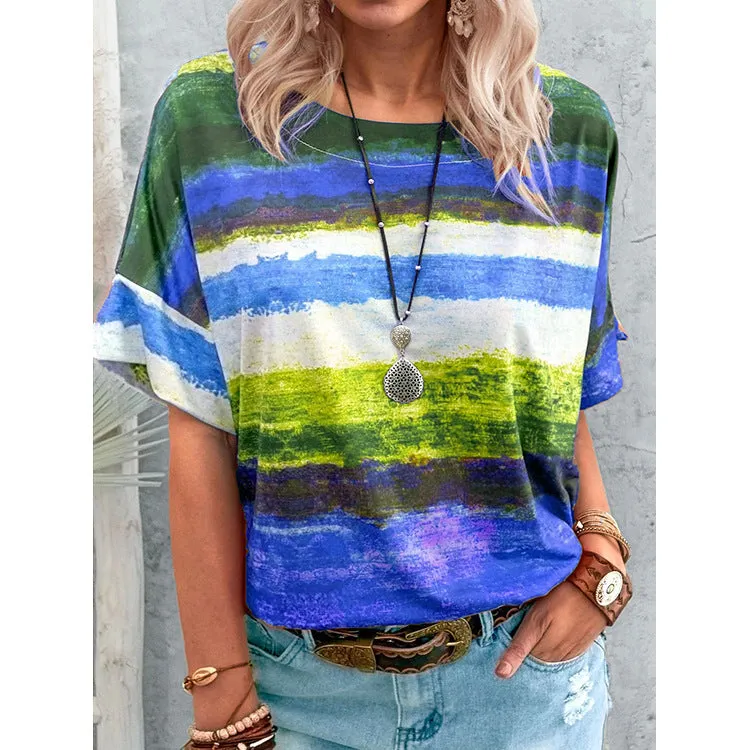 Ladies' Gradient Contrast Striped Round Neck Short Sleeve T-Shirt