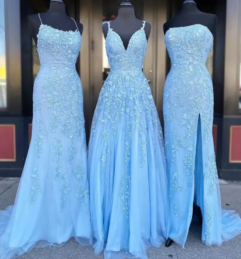 Long Prom Dresses with Applique 8th Graduation Dress School Dance Sky Blue Formal Dresses