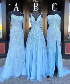 Long Prom Dresses with Applique 8th Graduation Dress School Dance Sky Blue Formal Dresses