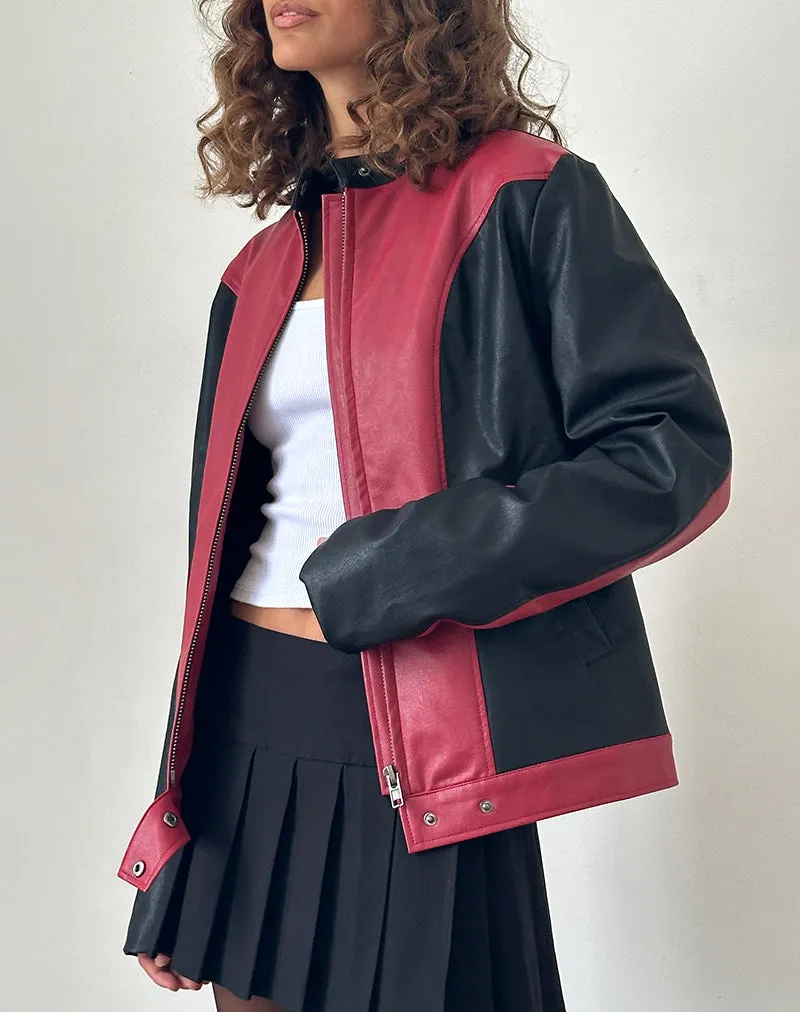 Marion PU Biker Jacket in Red with Black Panels