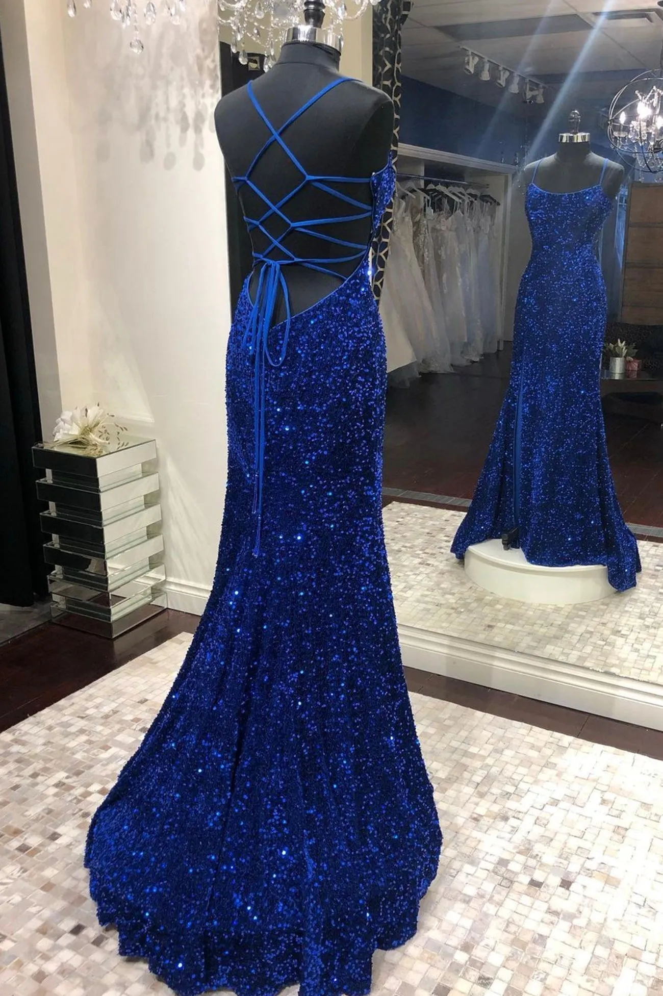 Mermaid Sequins Long Prom Dresses Blue Backless Evening Dresses