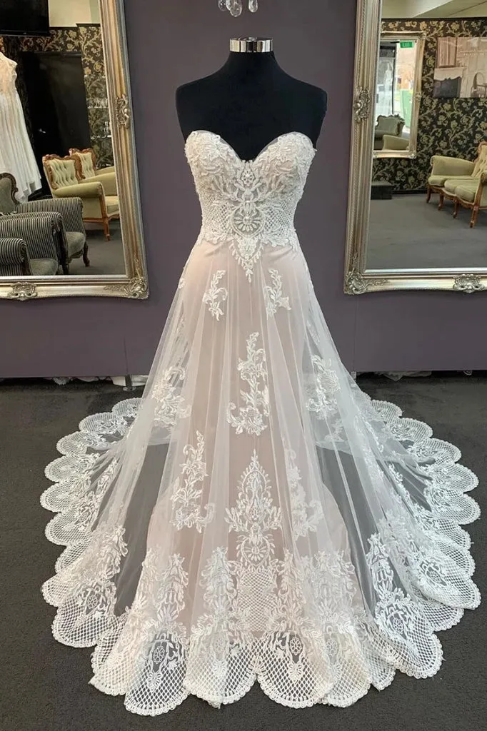 Modest Sweetheart Lace Long Wedding Dresses Beach Wedding Dresses